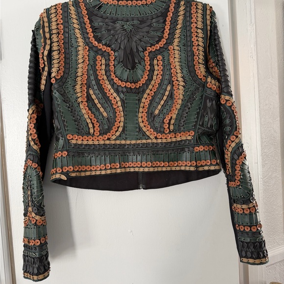 BCBGMaxAzria Runway Green & Tan Embellished Cropped Leather Jacket - Picture 5 of 7